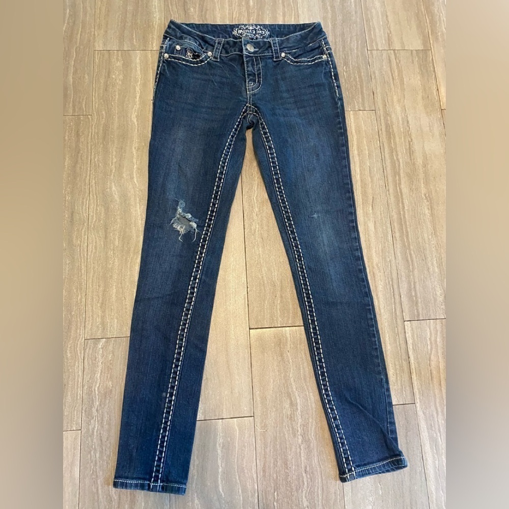 Women's Paisley Sky Skinny Thick Stitch Low Stretch Dark Blue Jean 2 Distressed
